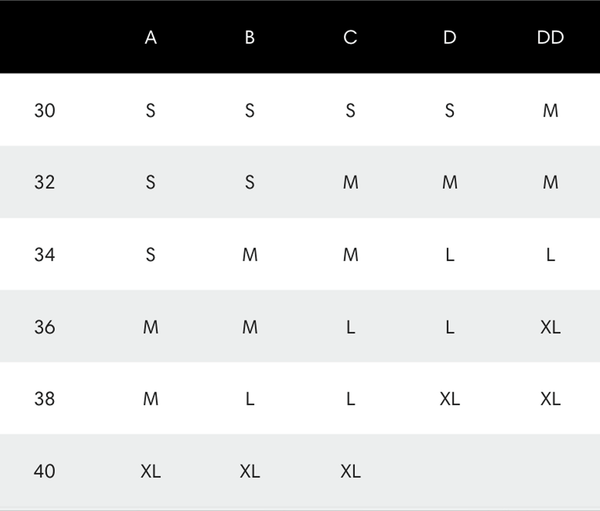 sports bra size chart