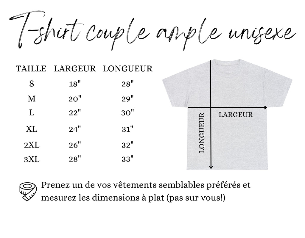 Guide des tailles t-shirt coupe ample unisexe avec graphique conçu au Québec