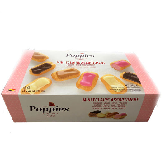 Poppies Mini Eclairs Assortment | 24pk | Chocolate, Vanilla, Coffee & Raspberry | The French Kitchen Castle Hill 