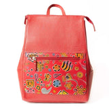 red leather backpack with painted patterns