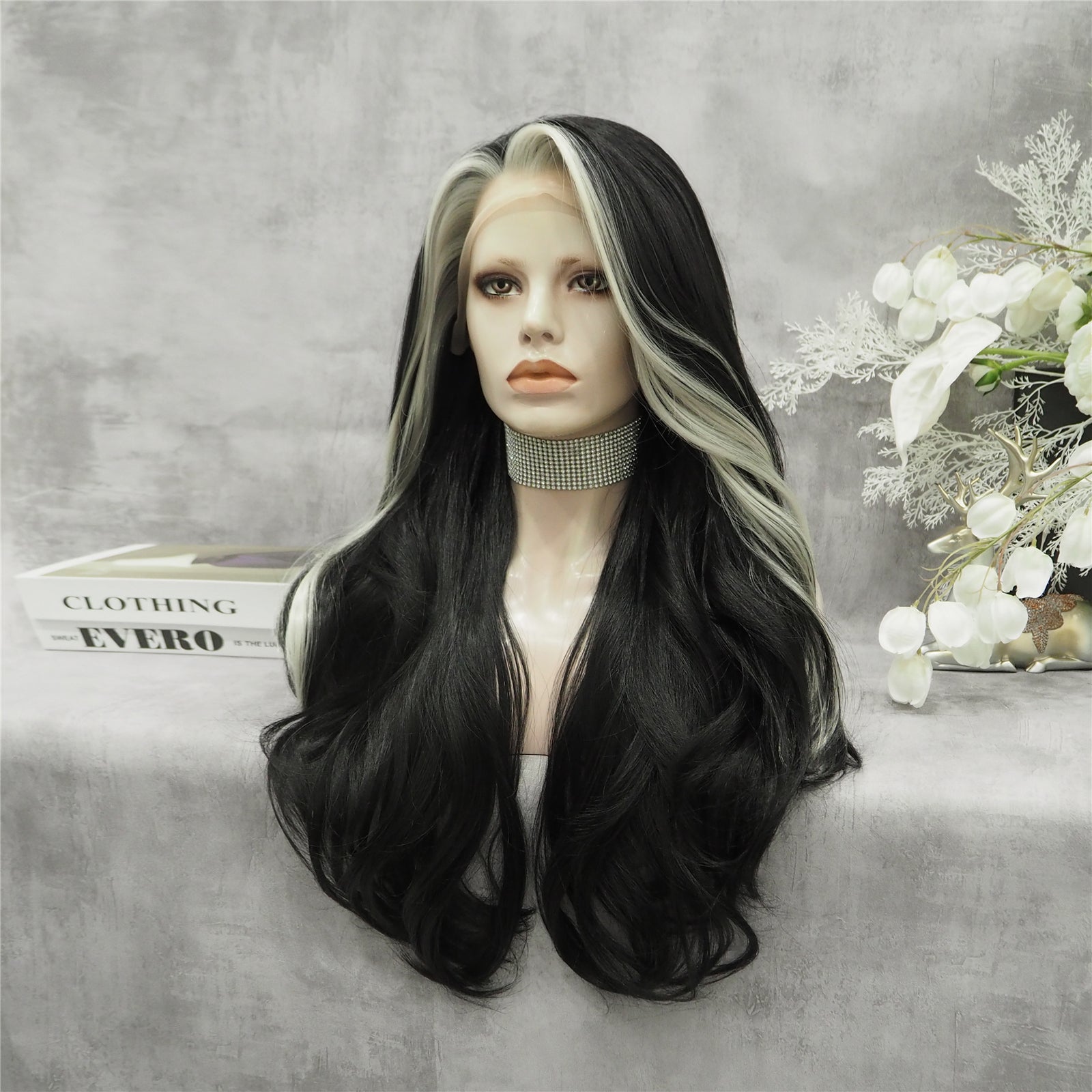 Morticia Black With White Highlights Long Wave Synthetic Lace Front Im |  Imstyle-wigs