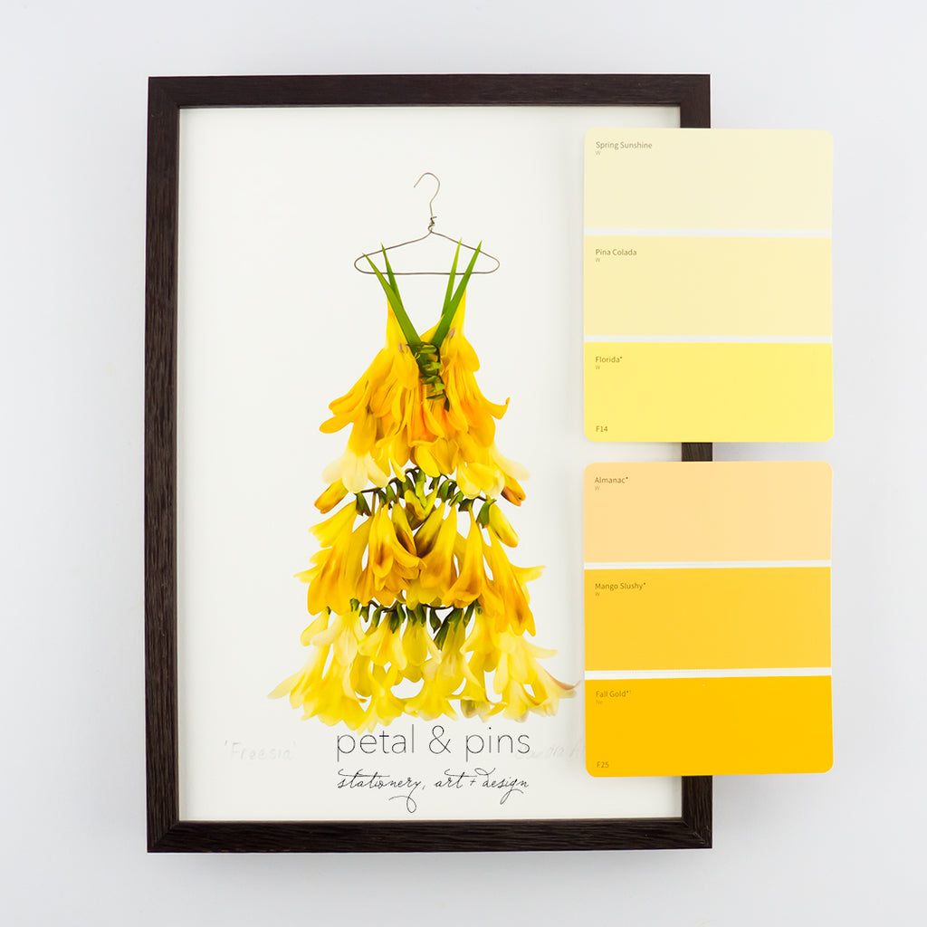 freesia dress art print by petal & pins with colour swatches