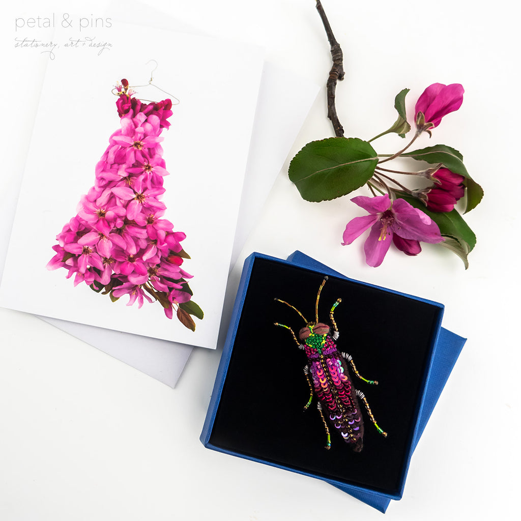 petal & pins crabapple greeting card and Trovelore beetle brooch