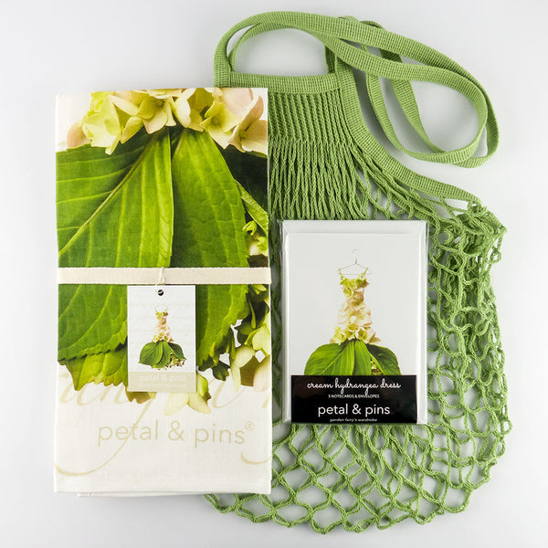 Garden Lovers Classic Gift Bundle features petal & pins hydrangea design tea towel, notecard set