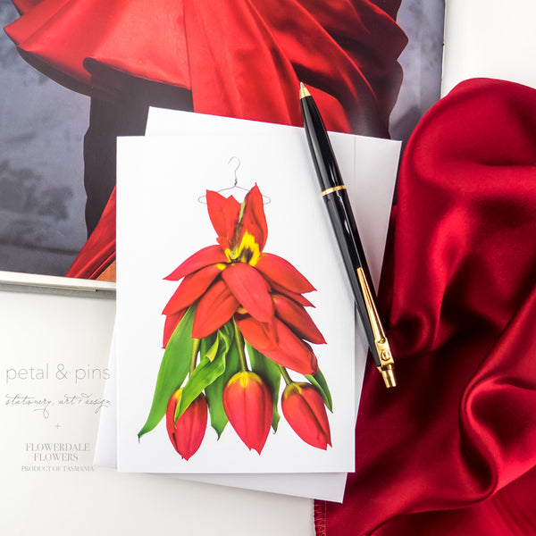 petal & pins red tulip dress floral greeting card
