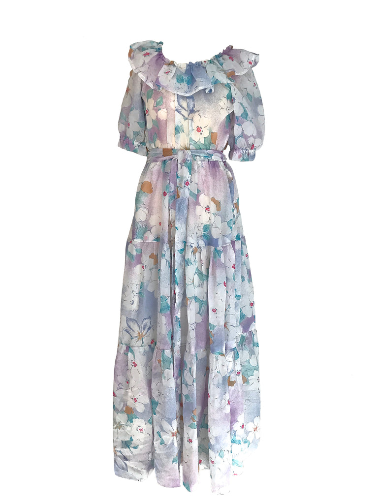 70s Pastel Colours Frills Boho Tiered Romantic Maxi Dress