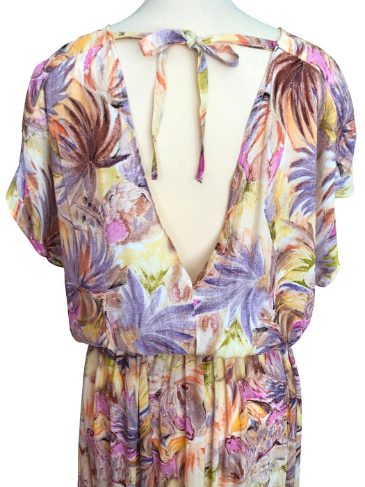 80s Tropical Print Low Back Handkerchief Hem Dolman Blouson Dress