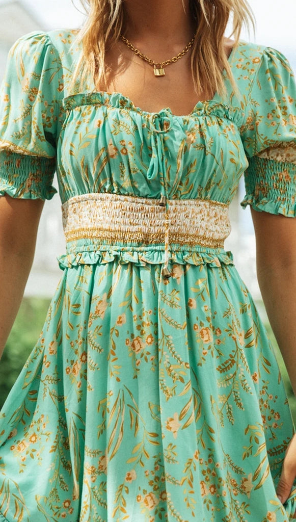 Green Wheat Print Backless Dress – Gabi Swimwear