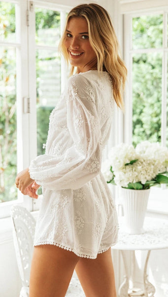 White Crochet Lace Long Sleeves Rompers – Gabi Swimwear