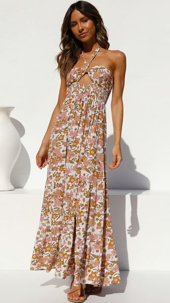 Floral Crossover Halter Midi Dress – Gabi Swimwear