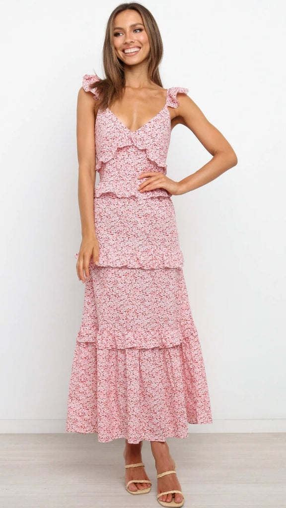 Pink Floral Tiered Sleeveless Midi Dress – Gabi Swimwear