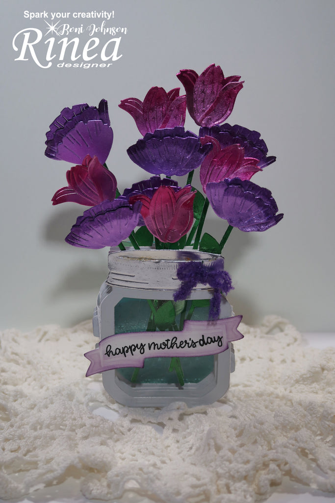 Rinea Foiled Paper Flower Filled Mason Jar Card by Roni Johnson