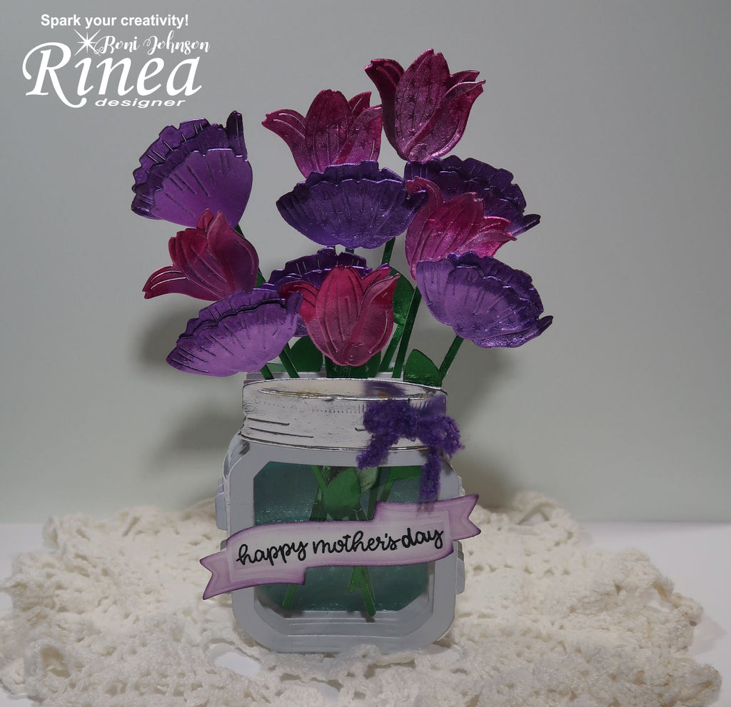 Rinea Foiled Paper Flower Filled Mason Jar Card by Roni Johnson