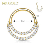 2PC Piercing Rings 16G Hinged Clicker Hoop 14Kt. Gold Double Line Cubic Zirconia Nose Septum Ear - BodyJ4you