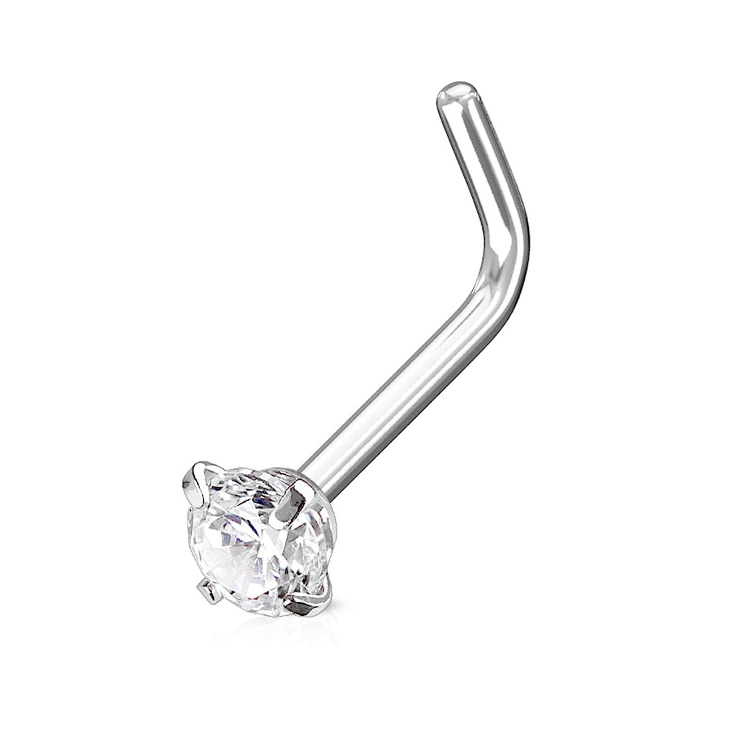 20G (0.8mm) Nose Ring L-Shaped Stud Prong CZ Crystal Stainless S