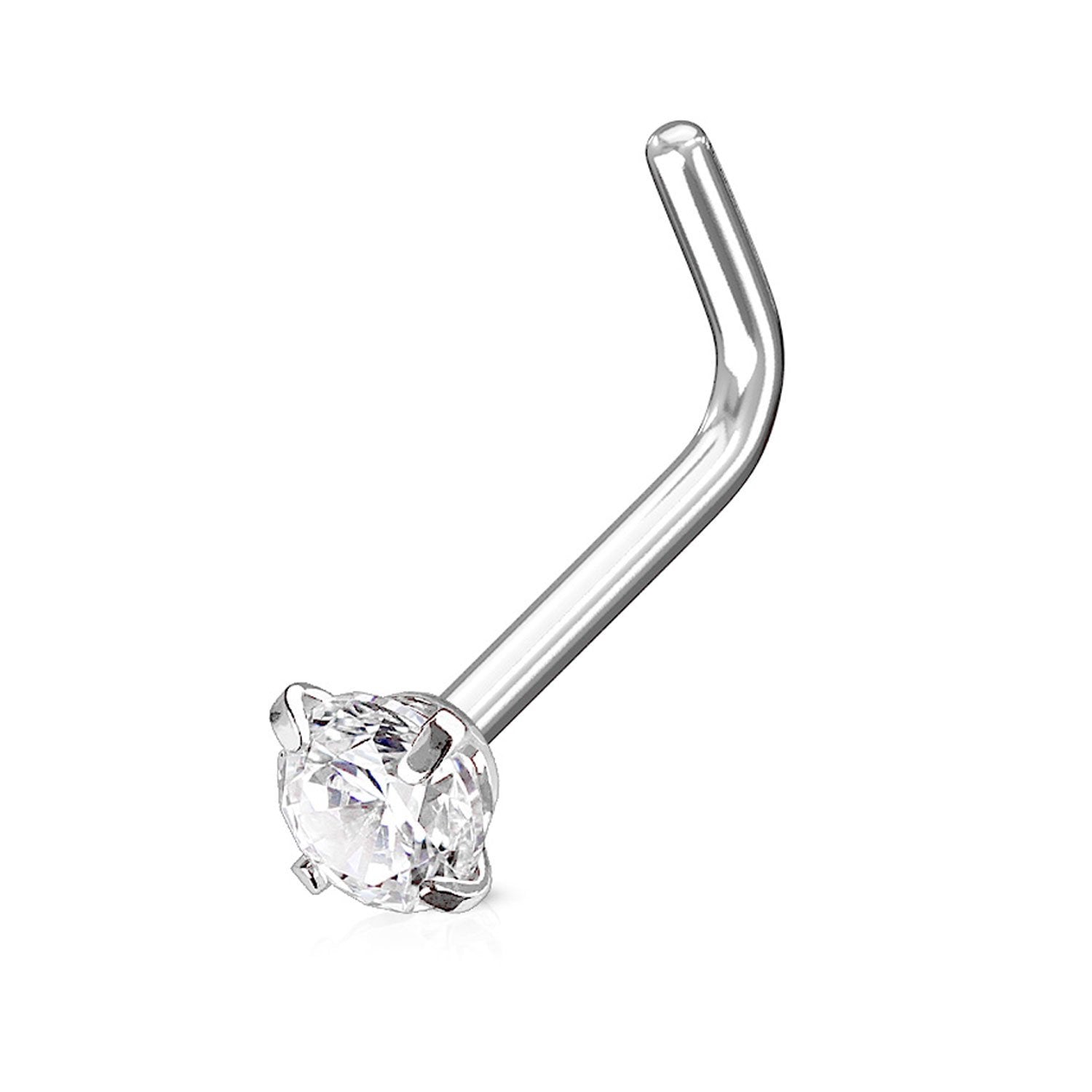 20G (0.8mm) Nose Ring L-Shaped Stud Prong CZ Crystal Stainless Steel Body Piercing Jewelry