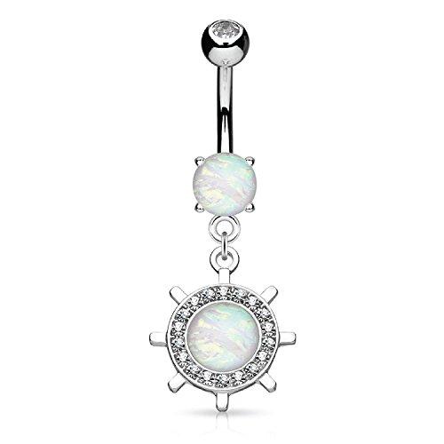 Belly Ring Button Nautical Navel Ship Wheel Opal Stone Piercing Jewelry