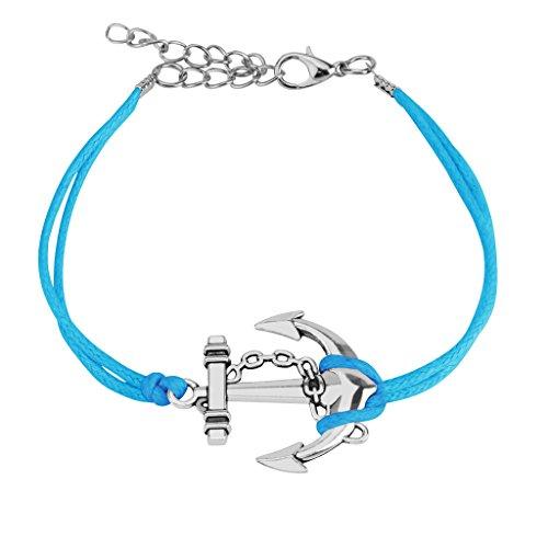 Bracelet Leather Cuff Anchor Aqua Blue Rope Wrap