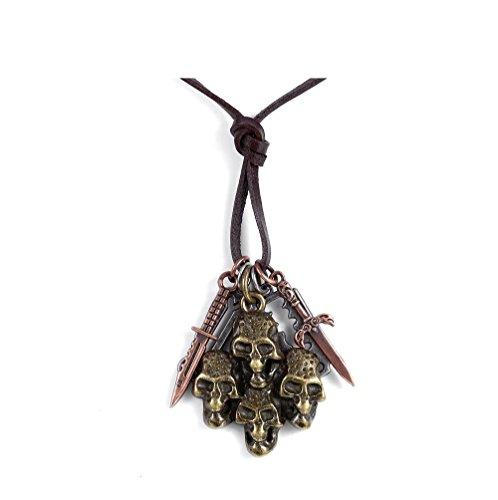 Men Pu Leather Charms Necklace with Trio Skull Pendant Jewelry