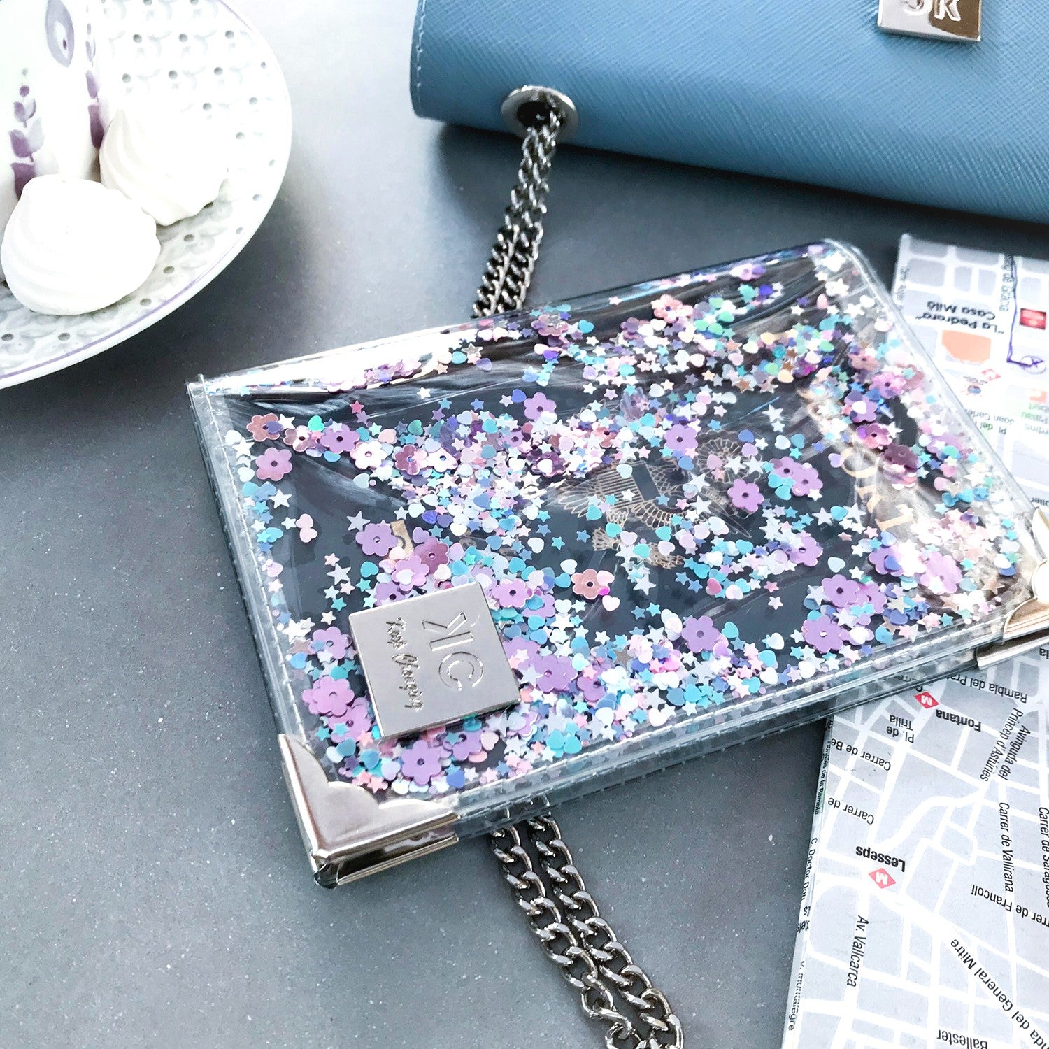 Clear Glitter Passport Holder Luggage Tag Set For Women Purple