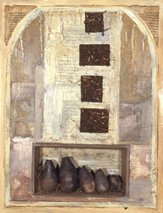 5 Vessels. wood, oil and collage on masonite, smoke-fired clay vessels, dirt. 25″x20″x3,” 2002