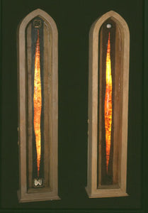 Blood and Water. wood, oil and collage, resin, light, twigs, copper, teeth. 45″x9″x7,” 2002