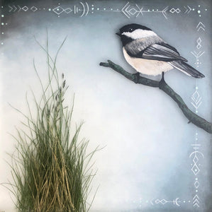 Chickadee :: A custom painting- Acrylic, ink, grass, and layered resin on wood.