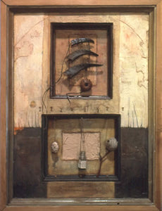 Dahab. wood, oil and collage on masonite, various objects found by the Red Sea: goat horns, buoy, glass vial, etc. 25″x20″x3,” 2002