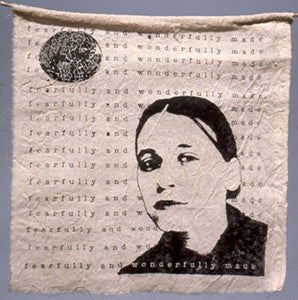 Fearfully and Wonderfully Made (Prayer Flag). One of 20 designs. silk screened cotton dyed with plant extracts. 10″x10,” 2000