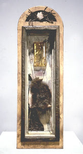 Temple for Hugh. wood, oil, resin, straw, fragment of deer skull, twigs. 18″x6″x5,” 1999