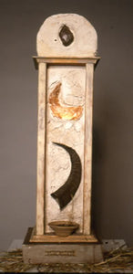 Male. wood, clay, goat horn, paper, light. 20″x7″x7,” 2000