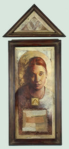 Natalia. oil and mixed media on wood, maple seeds, fabric. 4″x20″x3,” 2001