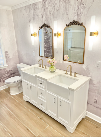 Beautiful bathroom concept with double vanity, wood floors and gray french themed Wallpaper Mural by Vivian Ferne.