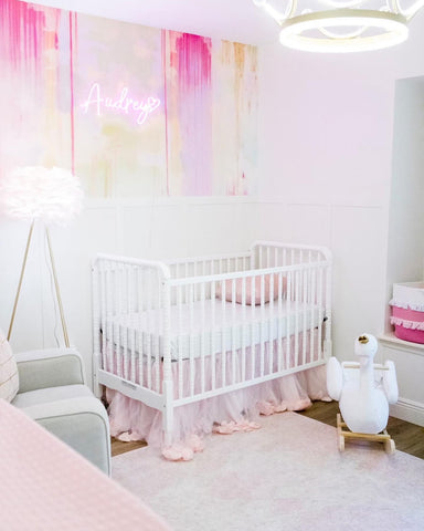 Beautiful nursery bedroom pink interior design theme with pink, fuchsia, yellow wallpaper mural.