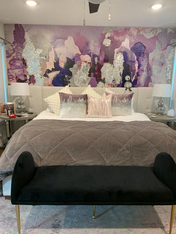 Luxury bedroom interior design with purple and silver wallpaper mural design by famous abstract wallpaper design shope, Vivian Ferne.
