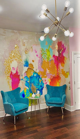 A unique entry/living room interior design concept with bright colored and abstract wallpaper by Vivian Ferne.