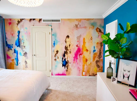 Bedroom, wallpaper design, bold shapes and colors. Bright colorful wall. Home decor. Pink, Blues, Yellows, Golds