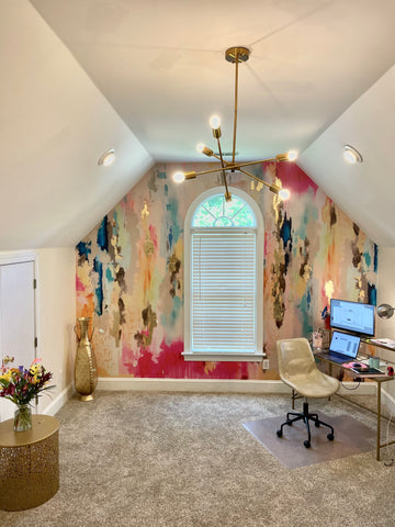 Office space, wallpaper design, bold shapes and colors. Bright colorful wall in home office. Home decor. Pink, Blues, Yellows, Golds