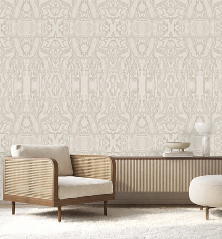 Interior Design Fully Staged Room - Beige / Wood decor and Ornate Lace Wallpaper - Modern Chic