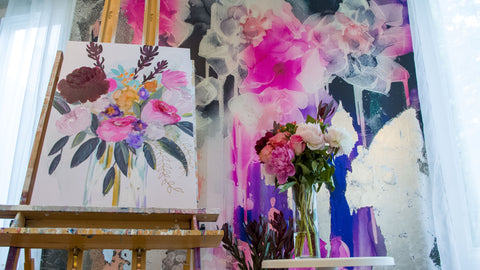Vivian Ferne Hand Crafted Wallpaper Mural Design / Original Abstract Art with Pinks, Flowers, Blacks, Silvers, Fuchsias.