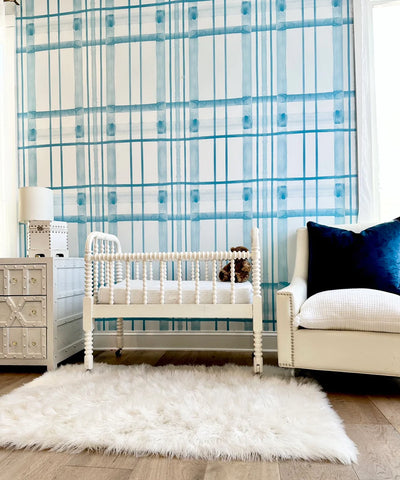 Blue plaid interior wallpaper design - Nursery decor - Kids bedroom - White / Blue Monochromatic Wallpaper