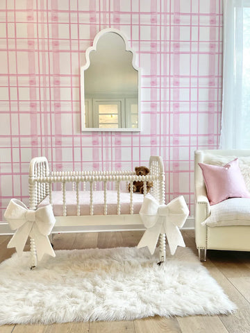 Nursery wallpaper interior design with pink plaid - bassinet - love seat - white bows