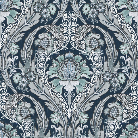 A navy blue peel and stick wallpaper enveloped in grey scrolls, and silver florals enhanced with lush nickel tracing and ornamentation. Our dark victorian wallpaper is a removable vintage style Edwardian decor. The gothic blue damask is a bold mood, and a stunning way to bring wow and a feeling of occasion. $80.00