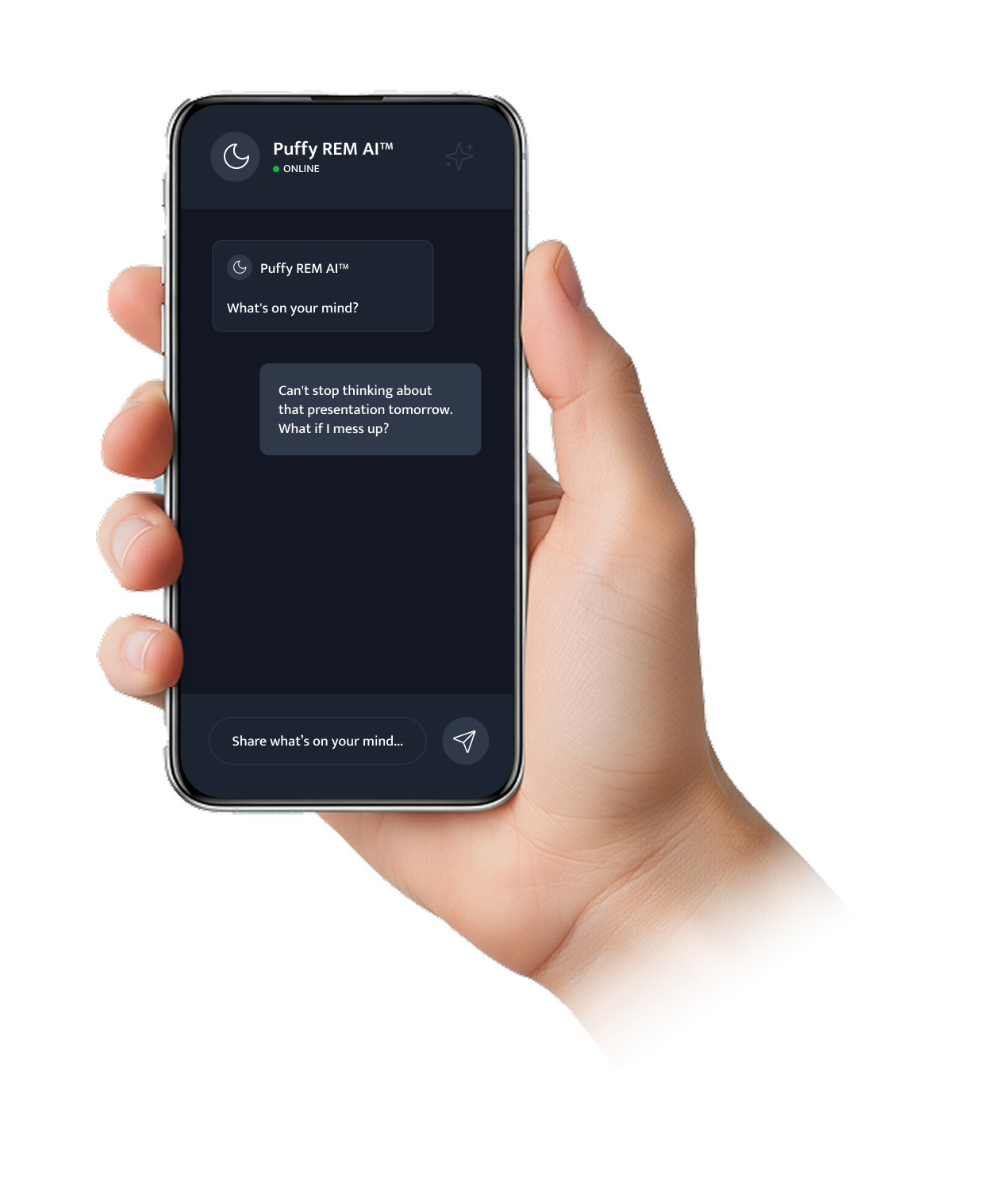 Hand holding phone with Puffy REM AI Sleep App
