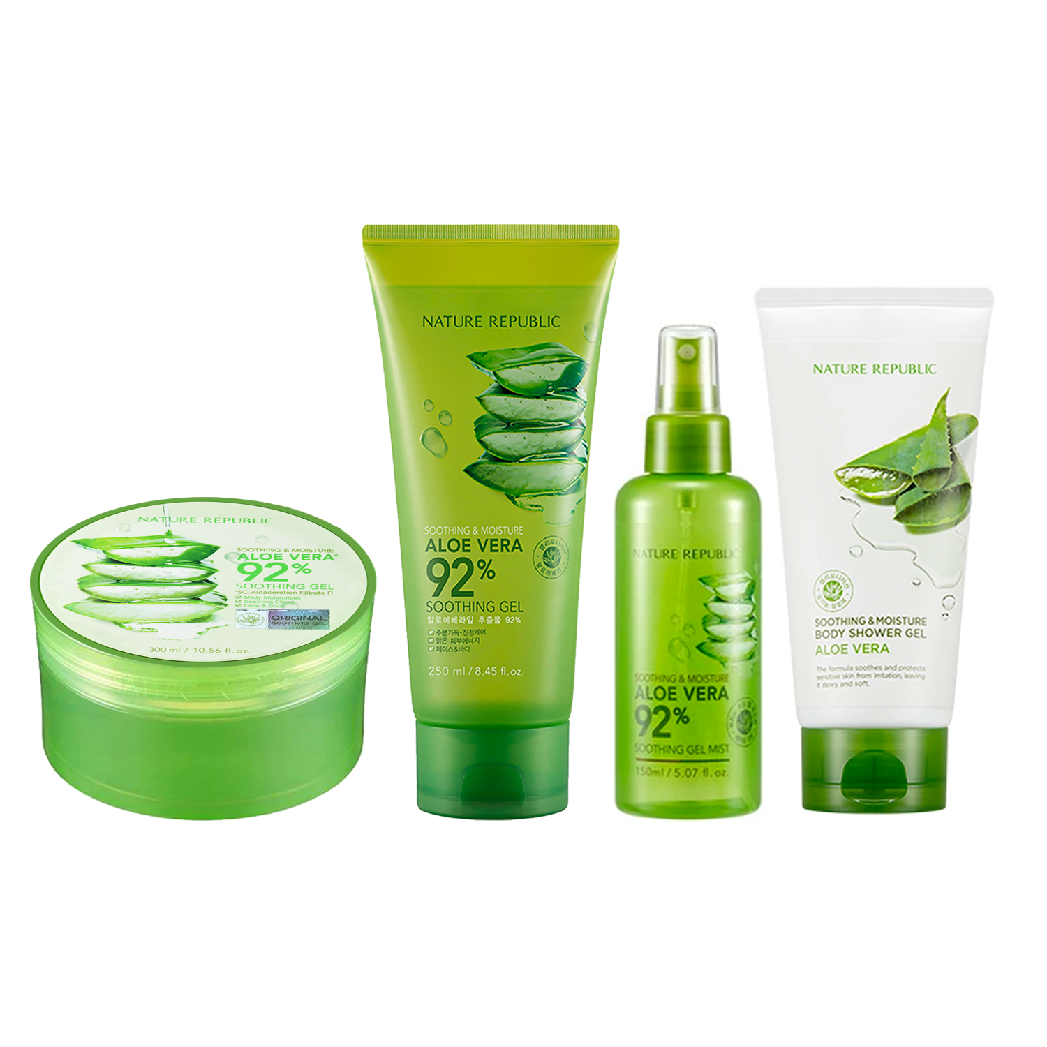 SOOTHING & MOISTURE 92% ALOE VERA ESSENTIAL CARE SET - SOOTHING GEL , GEL TUBE , GEL MIST &  BODY SHOWER GEL