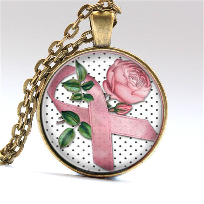 Rose Flower Pink Breast Cancer Awareness Ribbon Pendant Necklace