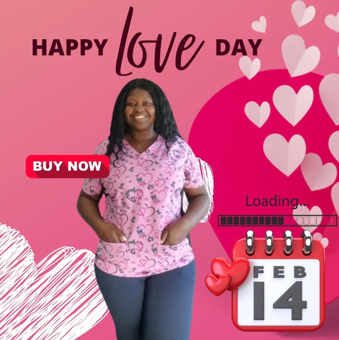 pink heart print scrub top with a calendar of feb 14 loading. Woman standing with hands in pocket.