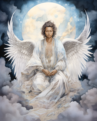 angel meditating on clouds with full moon