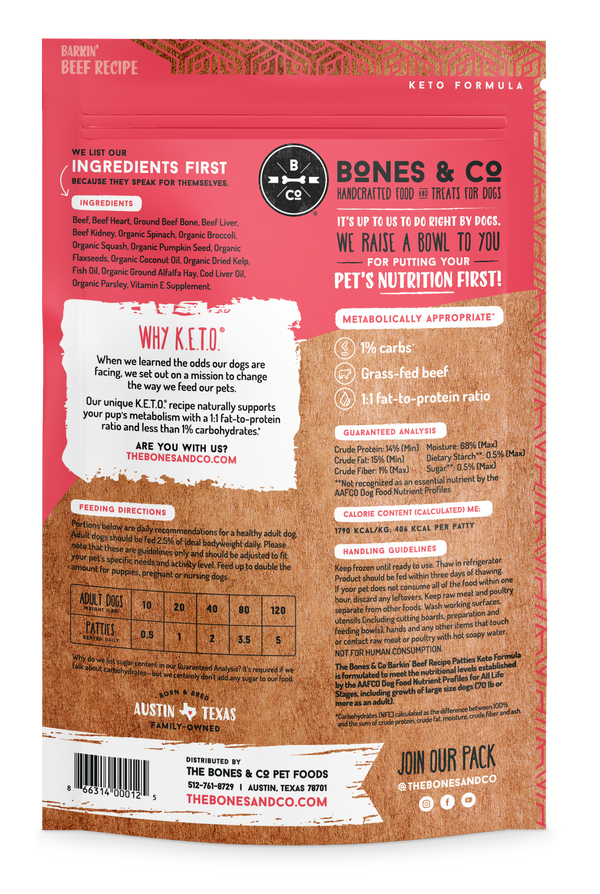 Bones & Co Barkin' Beef Recipe Frozen Patties Dog Food