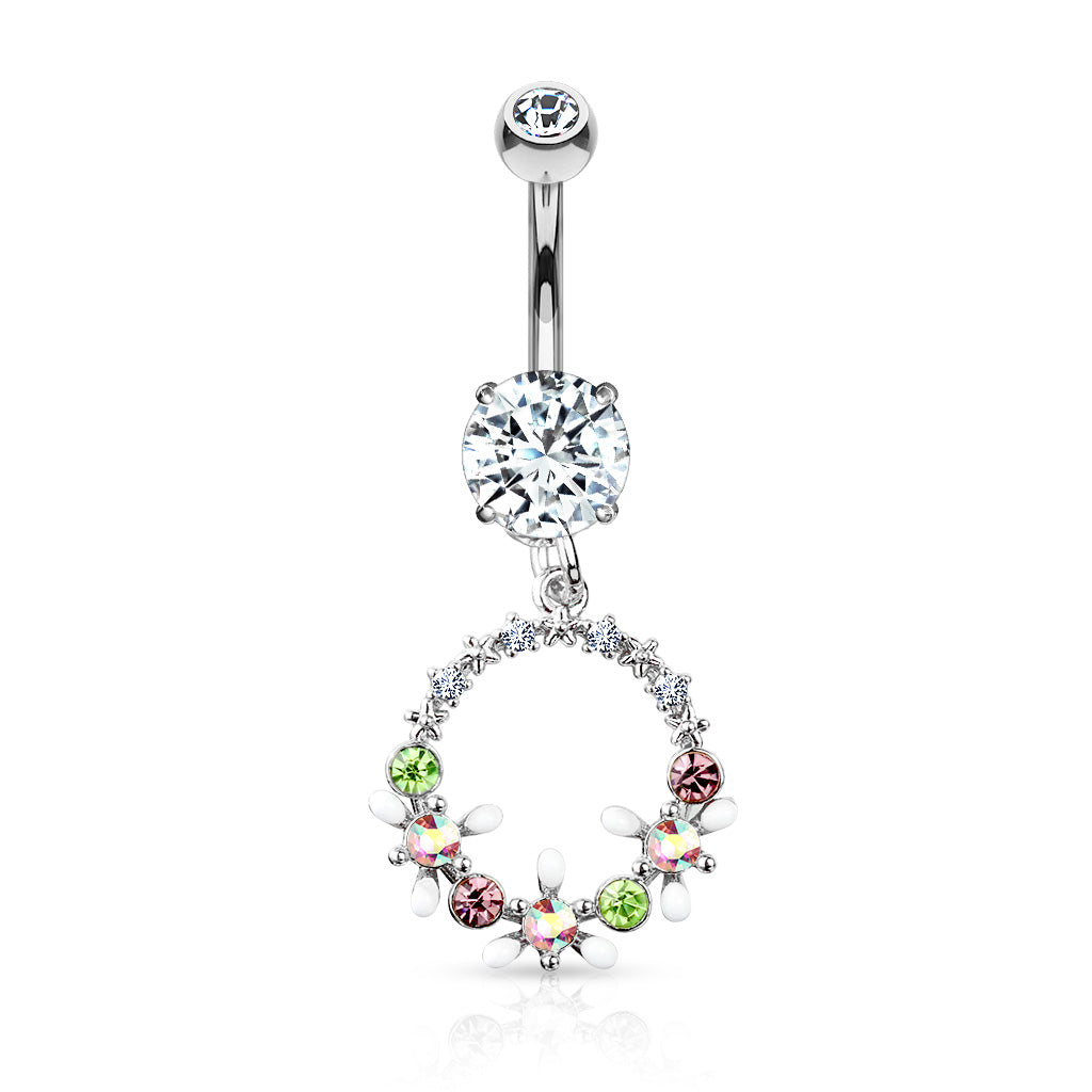 Ab Crystal Flower And Colored Gem Set Circle Dangle Navel Belly Button